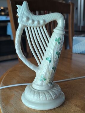 Belleek Cream Ceramic Harp Figurine with Green Shamrocks